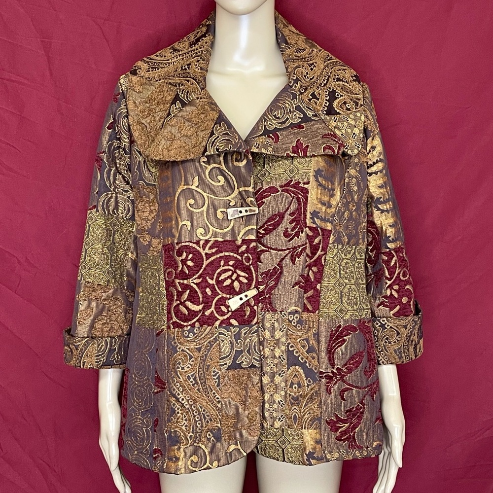 Caribe Made in USA Retro Patchwork Tapestry Carpet Brocade Swing Coat Large NWT